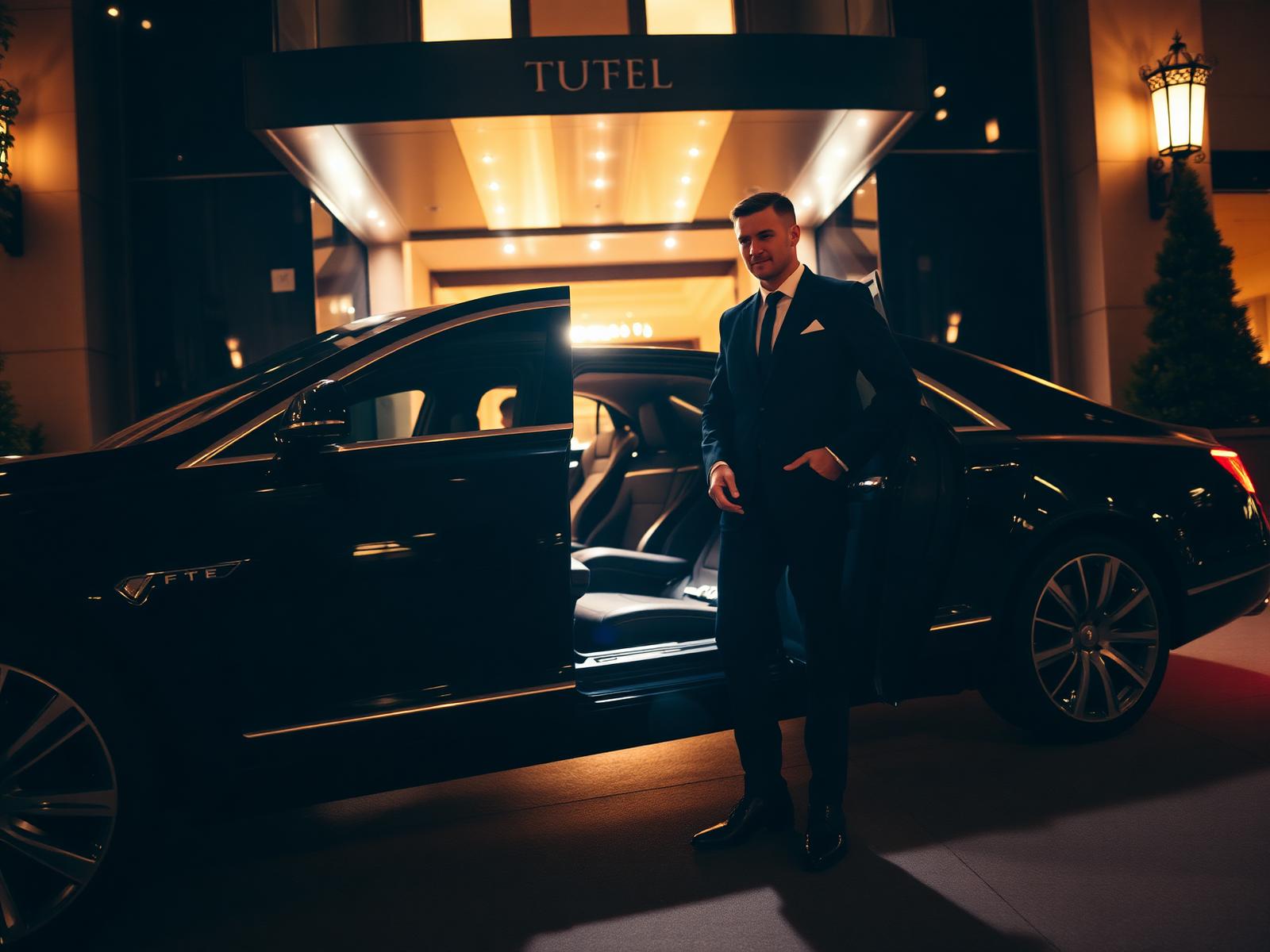 Valet attendant opening a luxury car door at a hotel entrance